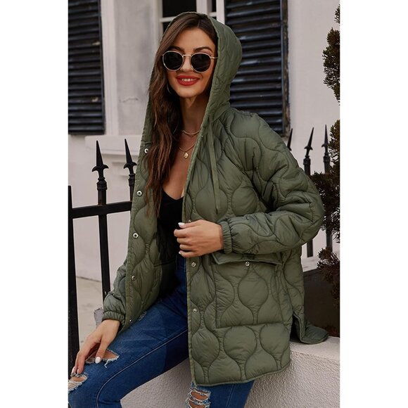 🆕 Women Green Quilted Jacket Hooded Spring Fall light Transitional Puffer Coat - Picture 5 of 6